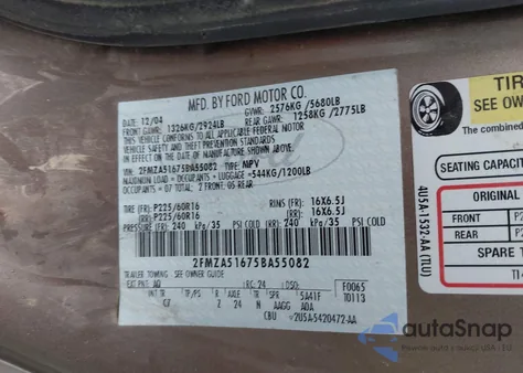 2005 Ford Freestar Se z USA, uszkodzony, nr VIN 2FMZA51675BA55082